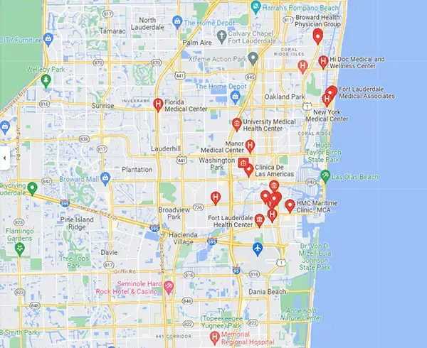 Map of Fort Lauderdale Medical facilities.
